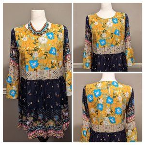 Umgee Yellow Blue Tan Green Multicolor Abstract Dress Size S